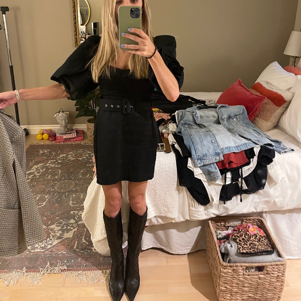 Zara Puff Sleeve Mini Dress Black XS Puff Sleeved Belted NEVER WORN